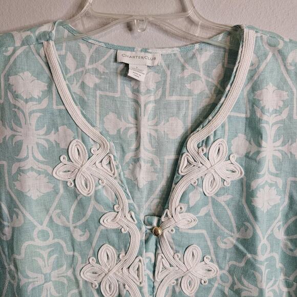 Charter Club Linen Top Womens L Aqua Blue White Floral Tunic Boho Coastal Beachy - Picture 4 of 9